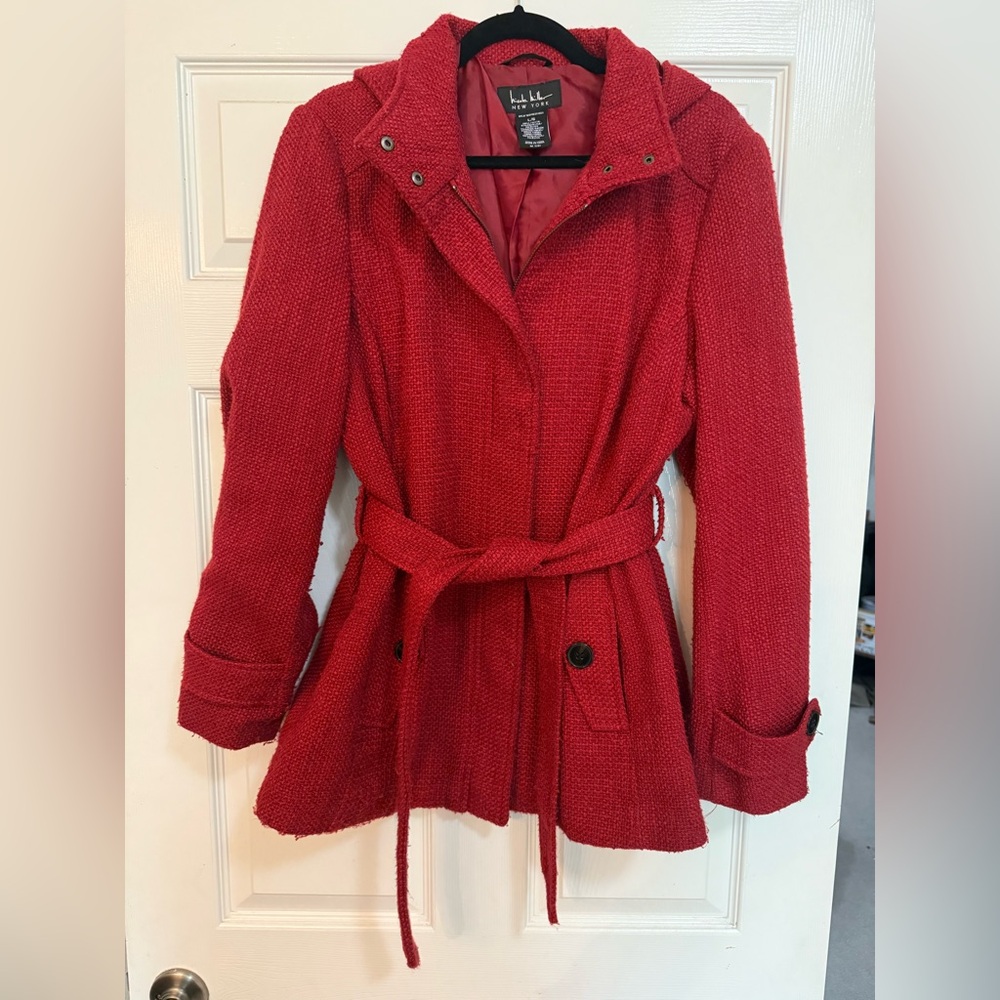 Vibrant Red Belted Trench Coat with Wide Collar